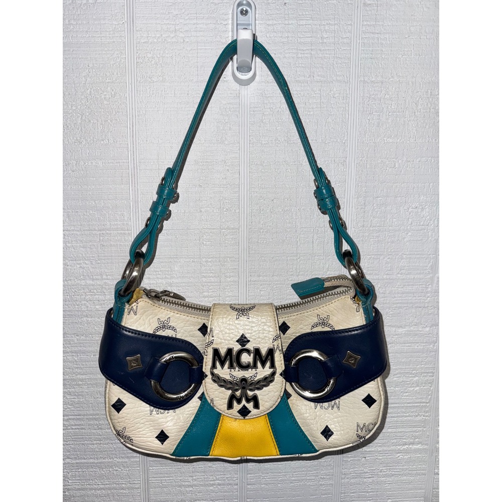 MCM Shoulder Bag Women Cream Visetos Monogram Colorblock Leather Y2K Small